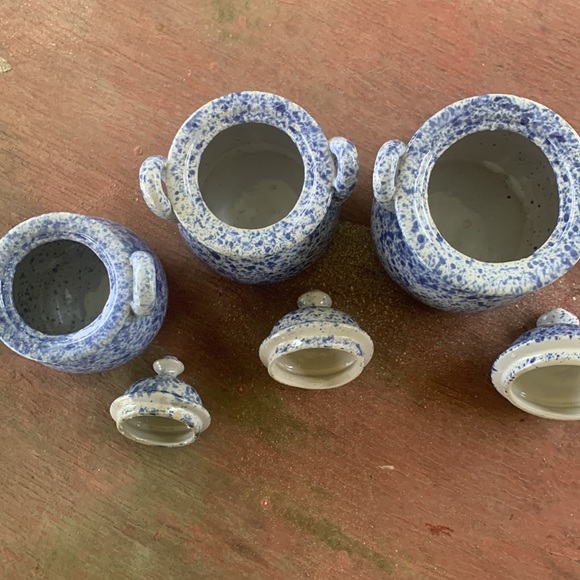 Vintage Blue Speckled Stoneware Lidded Bean Jar Set of 3 - Picture 3 of 8